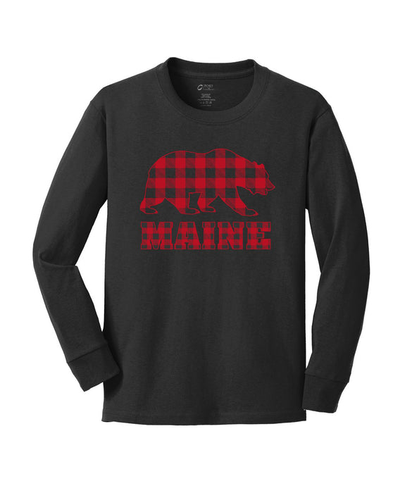 Youth Bear Buffalo Plaid Black Long Sleeve